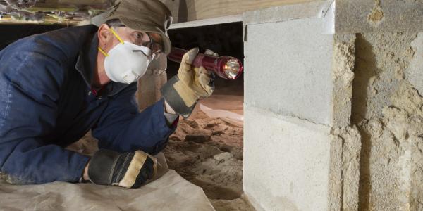 man inspecting crawlspace for termite infestation